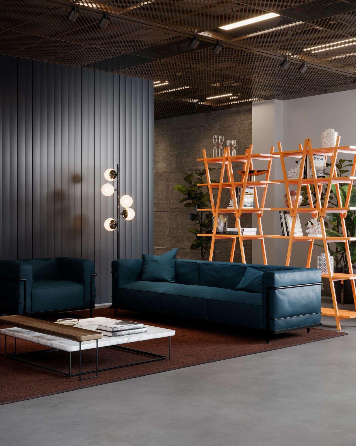 Wohnzimmer mit Cassina Sofa, Sessel und dem 381 Torei Tisch mit Marmorplatte.