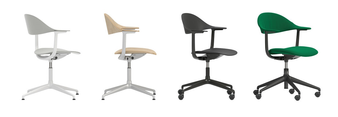 Mynt Bürodrehstühle von Vitra mit Kunststoff-Rückenlehne und Sitz in Weiß, Holz, Schwarz und Grün.