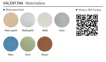 VALENTINA Bett: Verfügbare Materialien und Farben für das Kinderbett, inklusive Holzarten und HPL-Farben mit QR-Code.
