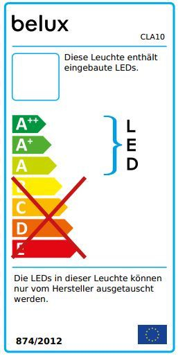Energieeffizienzlabel der Belux LED Stehleuchte mit Kennzeichnung, dass die LEDs nur vom Hersteller austauschbar sind.