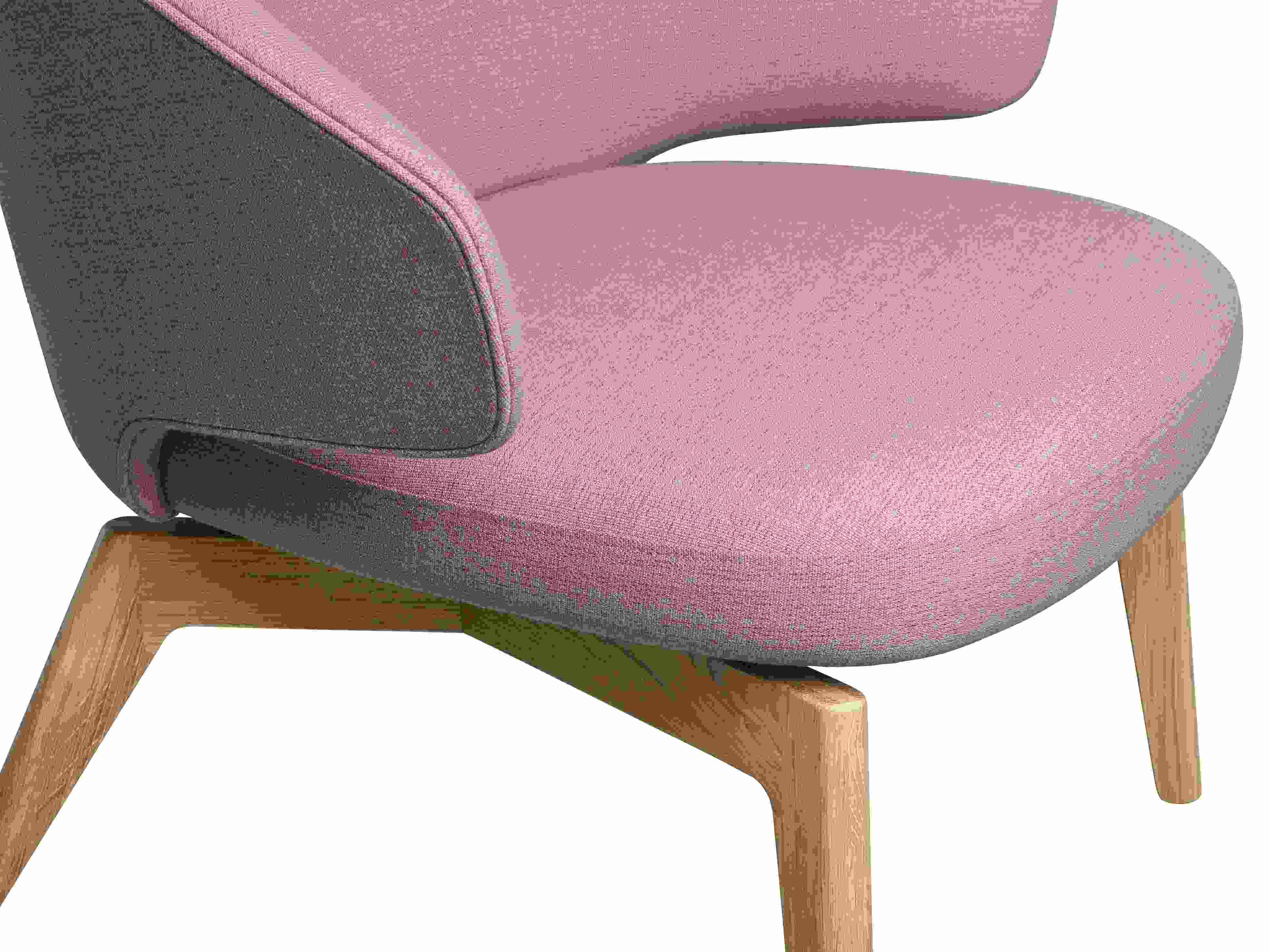 Detailaufnahme vom Fritz Hansen Let Sessel mit rosa Sitzfläche und grauer Rückenlehne auf Holzbeinen.