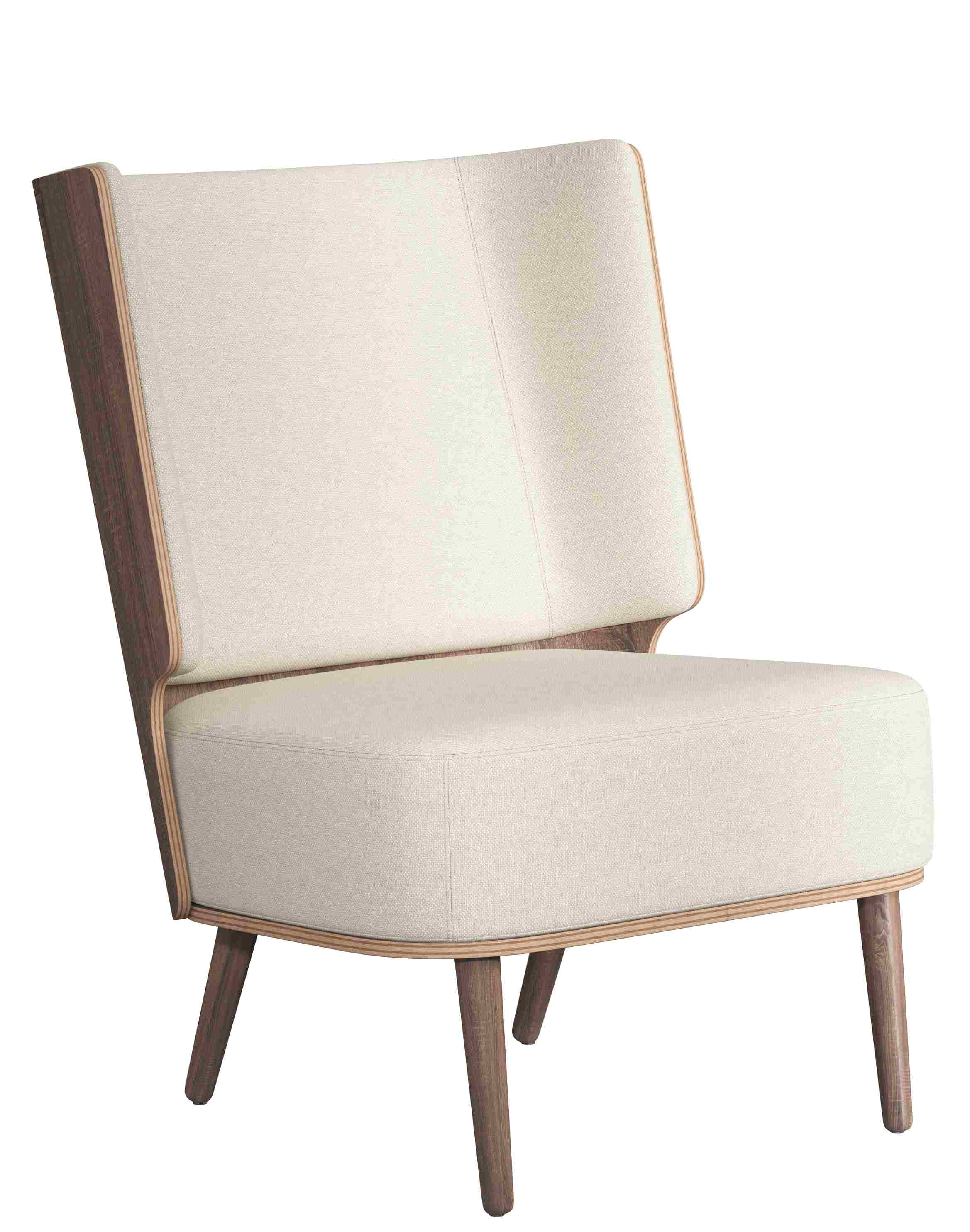 Serena Lounge Chair Sessel mit dunkel gebeiztem Eichenholz und Sweet Vanilla Stoffbezug.