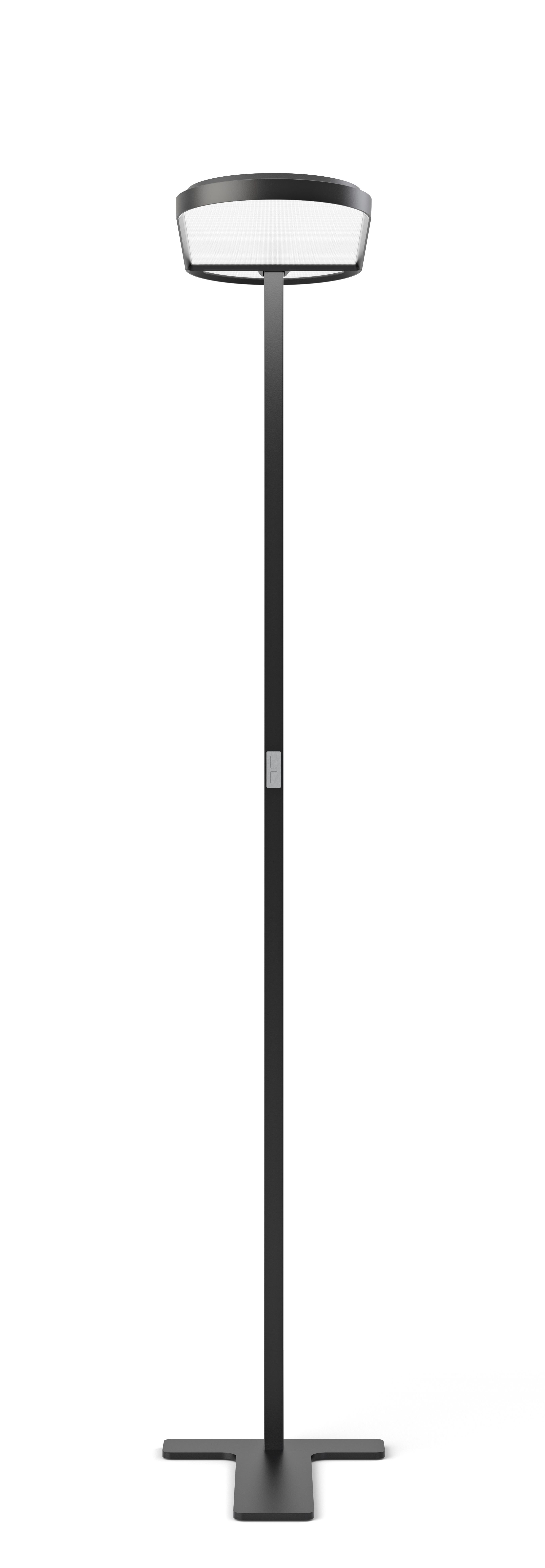 Schwarze Kido Stehleuchte mit T-Fuß von Belux, modernes Design für Wohnzimmer und Büro.