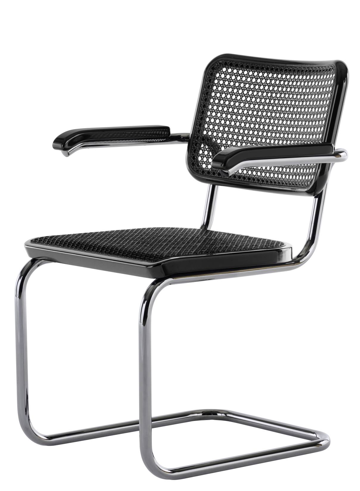 JS. Thonet S 64 V Freischwinger mit schwarzem Wiener Geflecht und glänzendem Chromgestell, seitliche Ansicht.