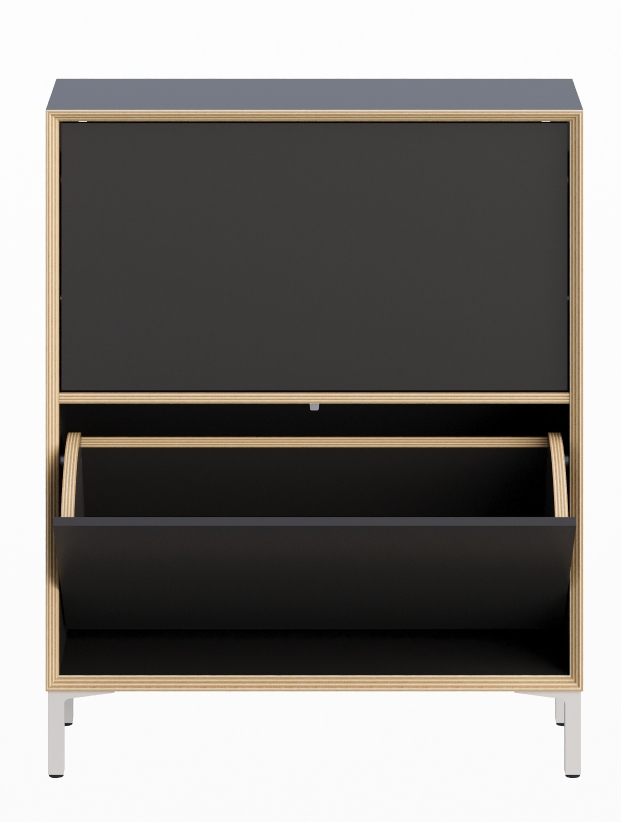 Vertiko Schuhschrank von Müller Möbelwerkstätten, moderner Schuhkipper in Anthrazit mit zwei Fächern und weißen Füßen.