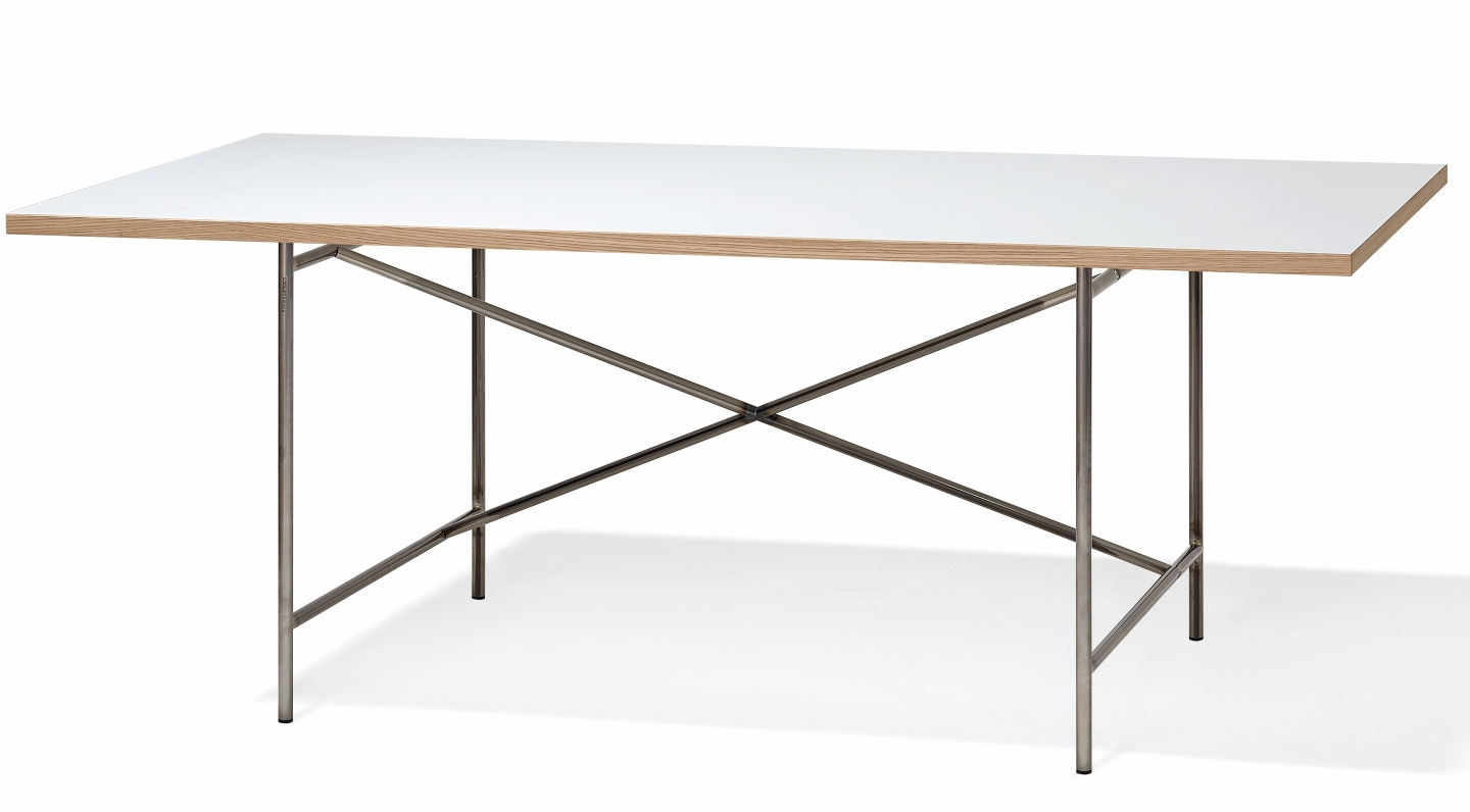Eiermann Tisch mit weißer Tischplatte und Stahlgestell, Designklassiker von Richard Lampert für Büro und Wohnen.