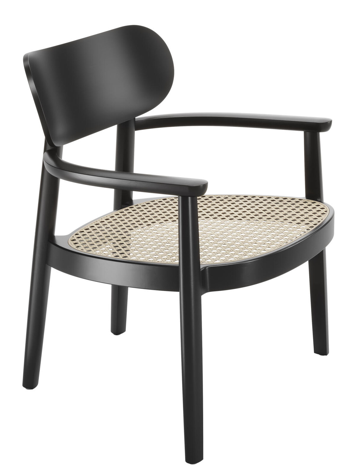 Schwarzer Holzsessel mit Armlehnen und Wiener Geflecht Sitzfläche, Modell 119 MF Thonet, für Esszimmer und Wohnbereich.