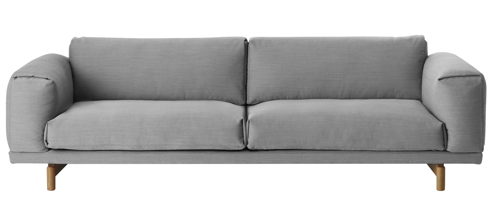 Muuto Rest Sofa, 3-Sitzer, hellgraues Stoffsofa mit minimalistischem Design und hellen Holzfüßen für Wohnzimmer.