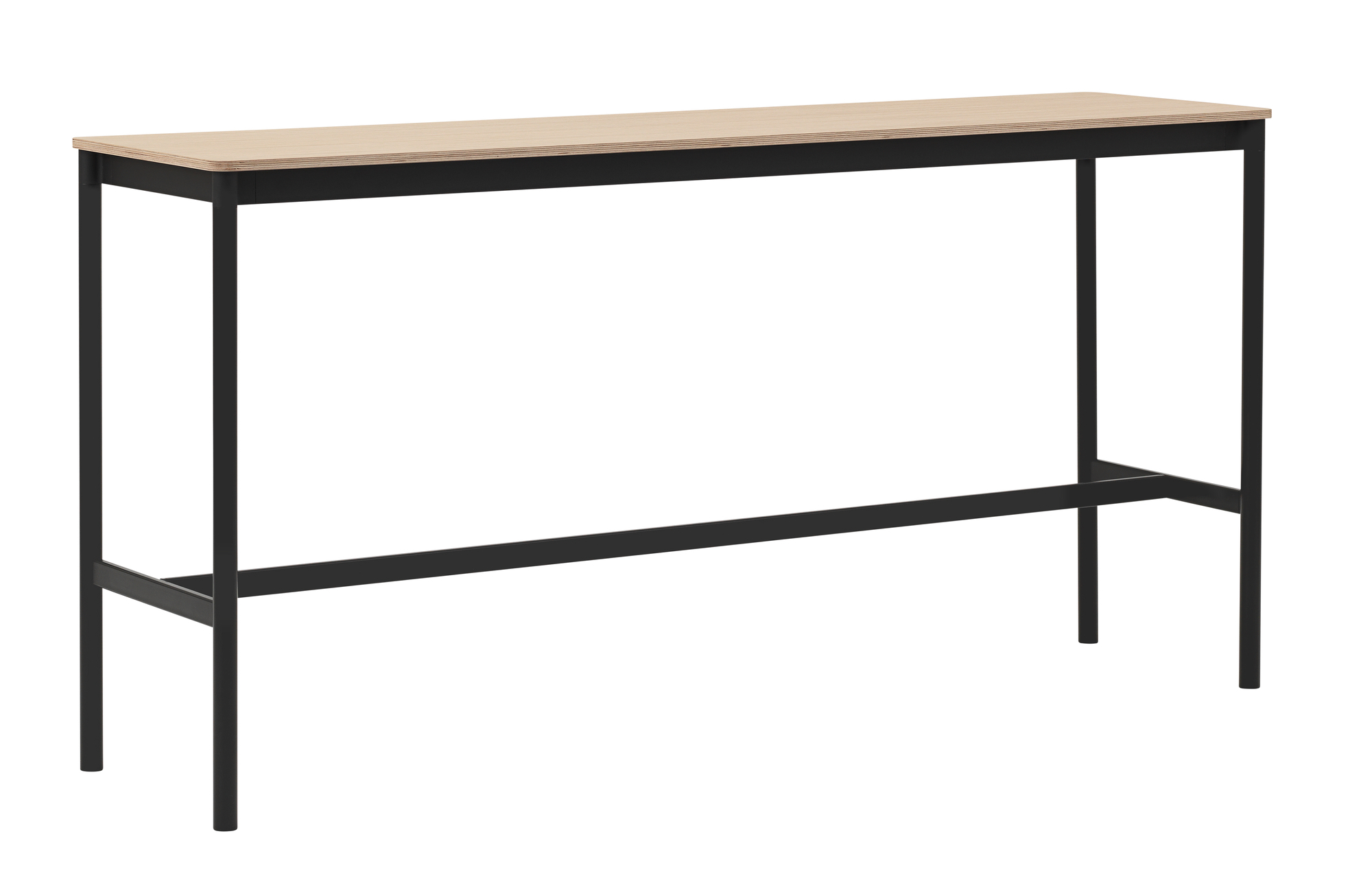 Muuto Base High Table Stehtisch mit heller Tischplatte und schwarzem Metallgestell für Büro und Zuhause.