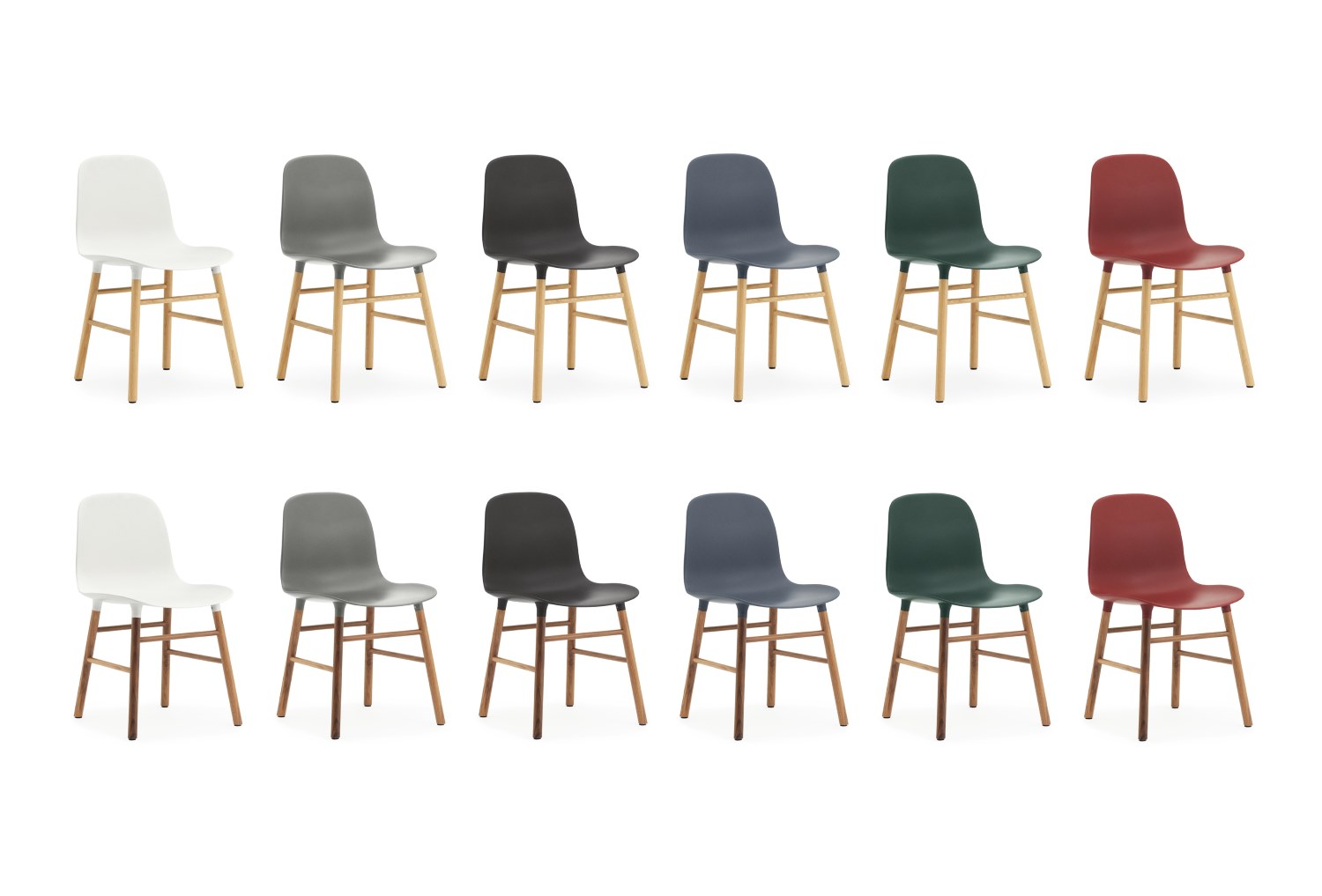 Normann Copenhagen Form Chair Stuhl in verschiedenen Farben mit Holzbeinen, modernes Design für Esszimmer und Büro.