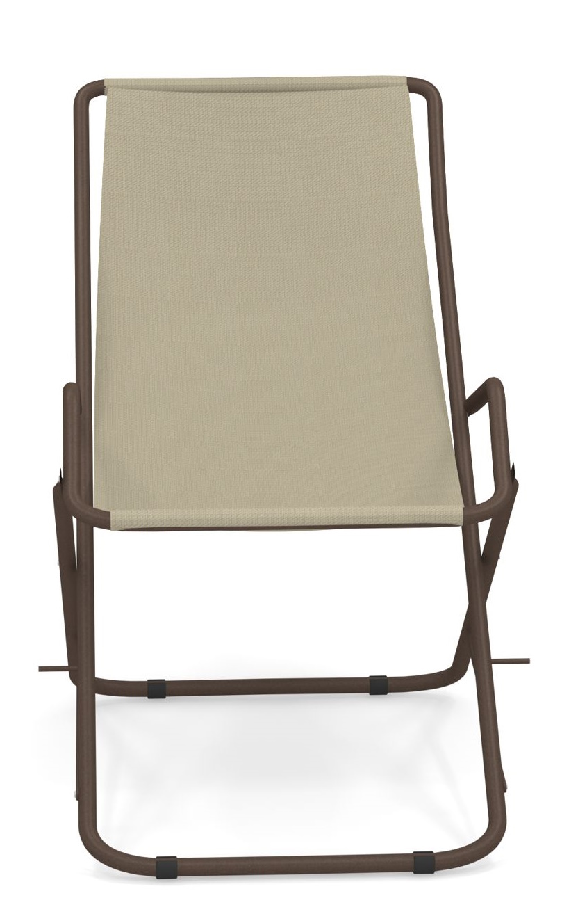 Bahama Liegestuhl Outdoor Emu, braunes Metallgestell mit beiger Stoffbespannung, moderne Gartenliege für Terrasse und Balkon.