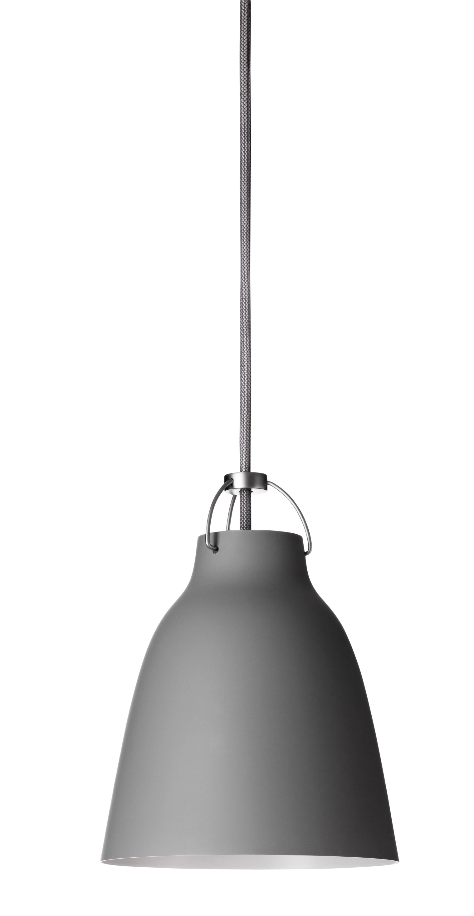 Graue Caravaggio Pendelleuchte von Fritz Hansen mit Textilkabel und sanftem Lichtschein.