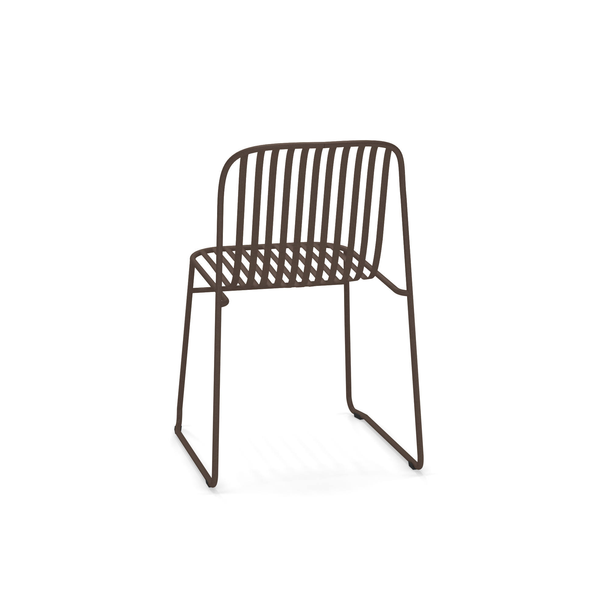 Riviera Stuhl von Emu, brauner Metallstuhl mit Lattenmuster für Garten, Terrasse und Balkon.