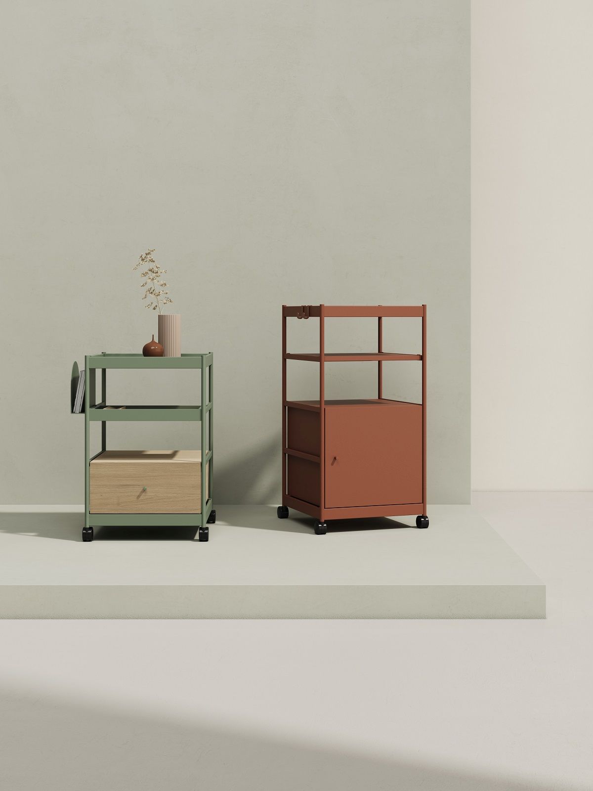 Beside Office Trolley von Mizetto: Grünes Regal mit Schublade und braune Kommode mit Regalen.