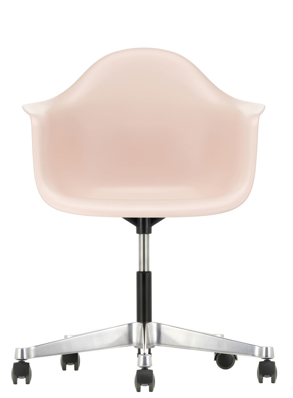 Eames Plastic Arm Chair PACC Stuhl von Vitra in zartem Rosa mit Rollen.
