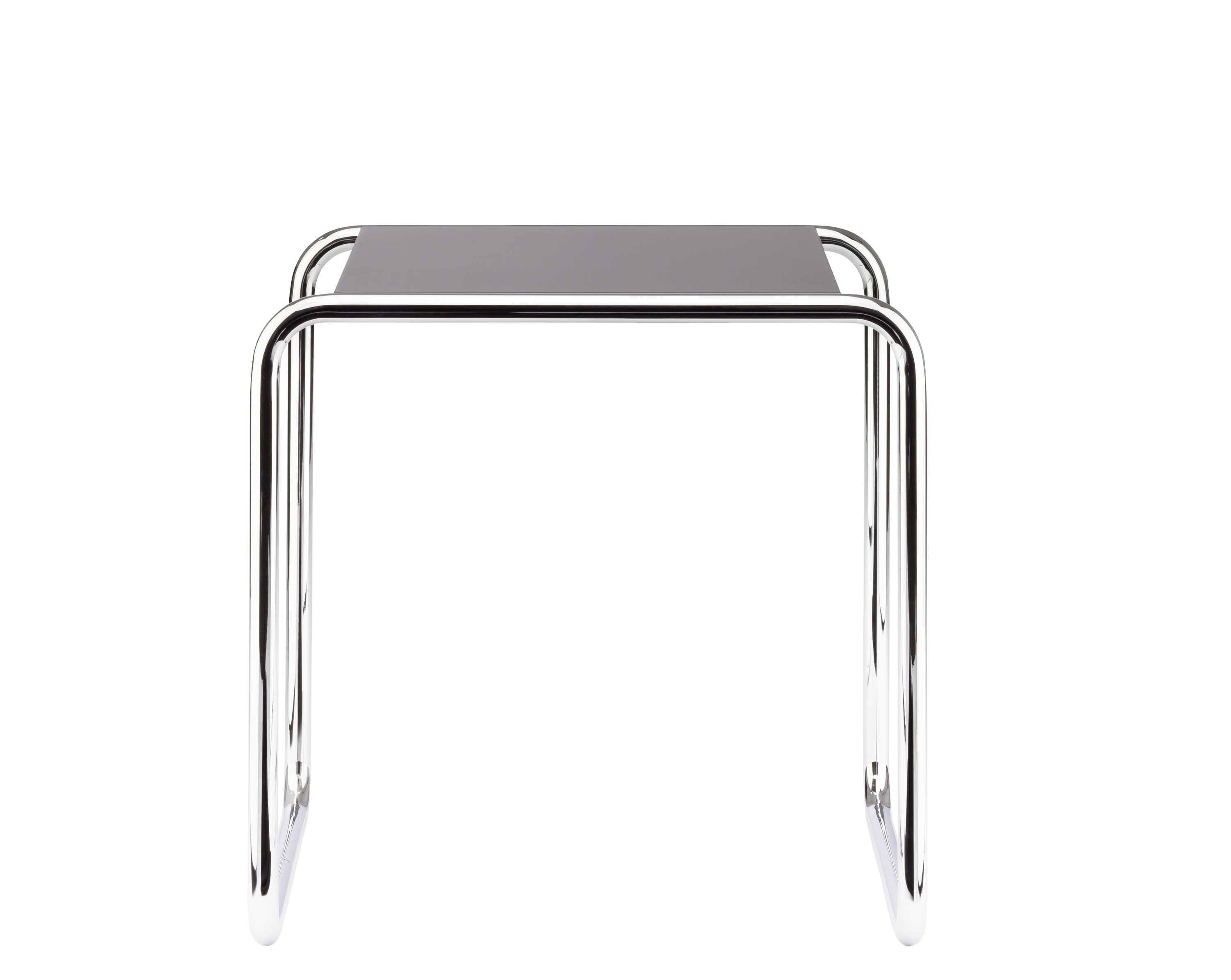 B 9 a Thonet Beistelltisch mit verchromtem Stahlrohrgestell und anthrazitfarbener Tischplatte.