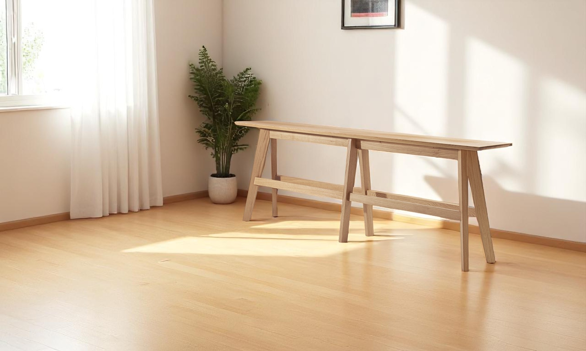 Cena High Bank Konsole aus hellem Holz, minimalistisches Design, ideal als Schreibtisch oder Ablagetisch im Wohnbereich.