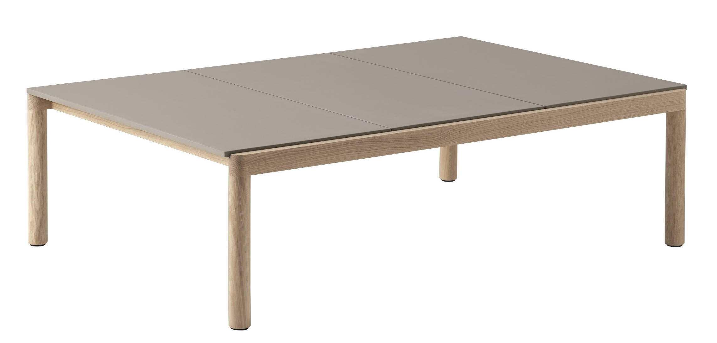 Muuto Couple Coffee Table: Rechteckiger Couchtisch mit grauer Tischplatte und hellem Holzgestell für Wohnzimmer.