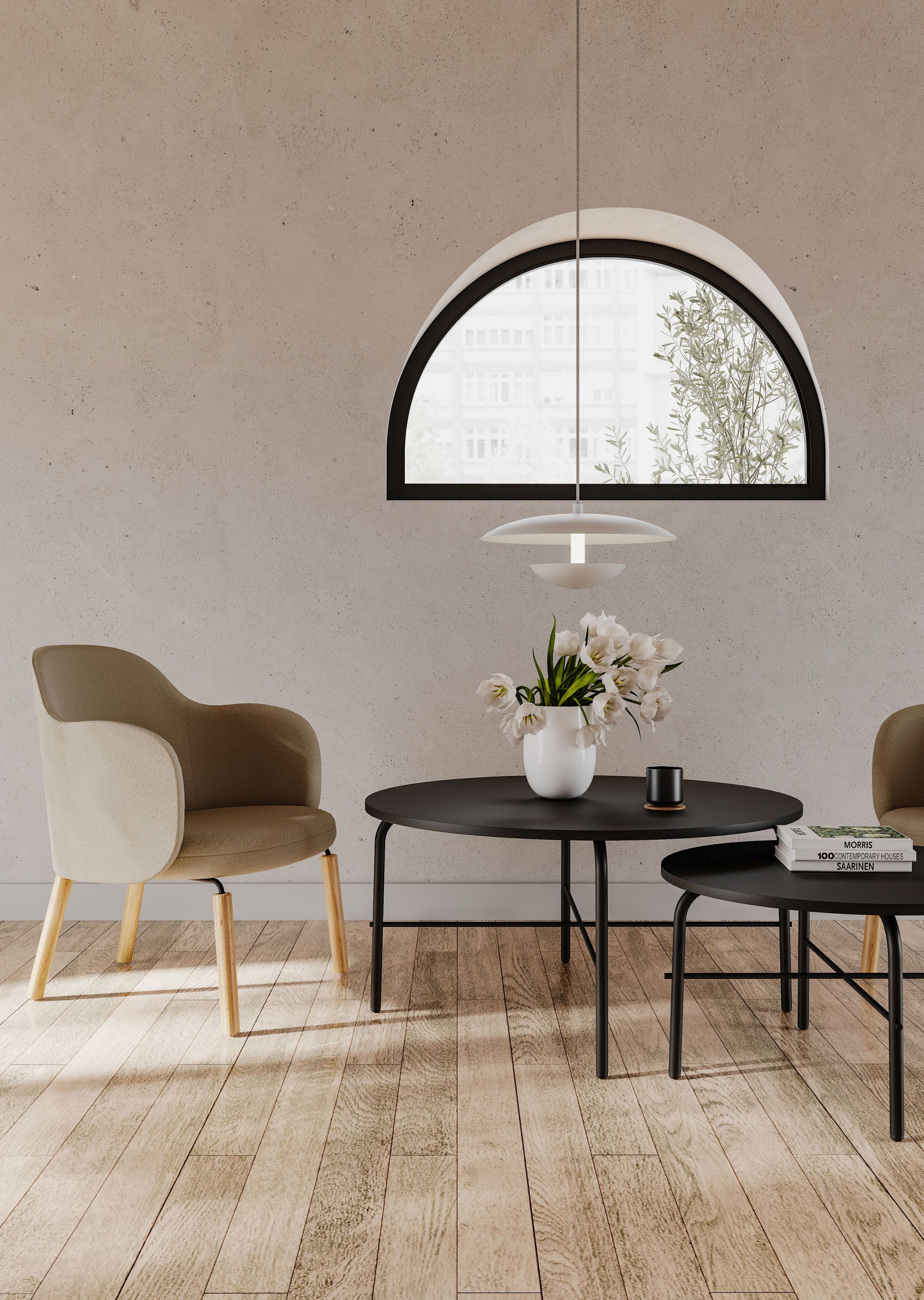 Moderner Wohnraum mit flos FS TB RC Couchtisch, Design-Sesseln, minimalistischer Lampe und Dekoration.