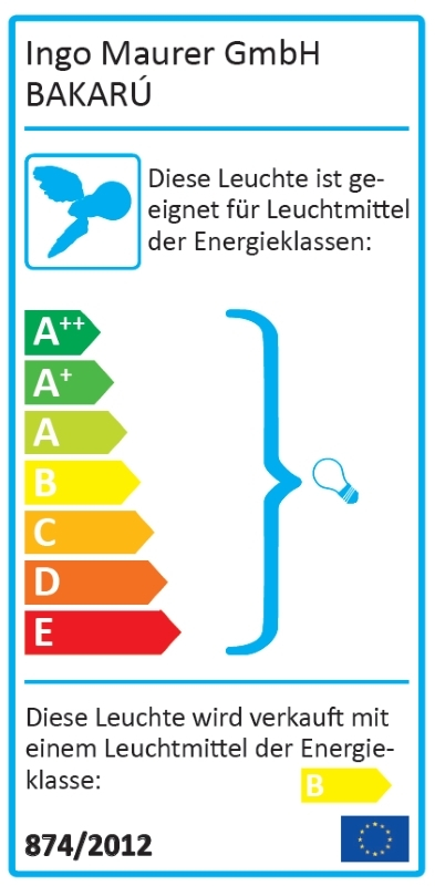 Energieeffizienzlabel für BAKARÚ Leuchte von Ingo Maurer, zeigt Energieklassen von A++ bis E.