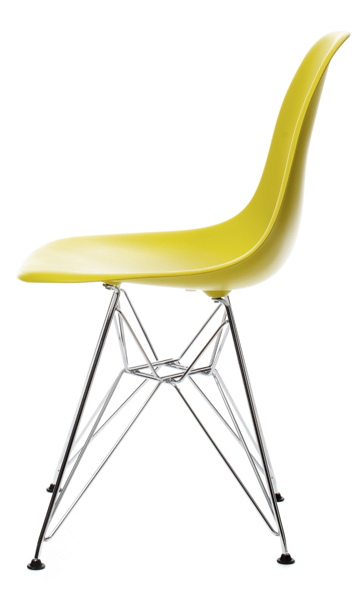 Eames Plastic Side Chair DSR in Senfgelb mit Chromgestell, moderner Designklassiker von Vitra.