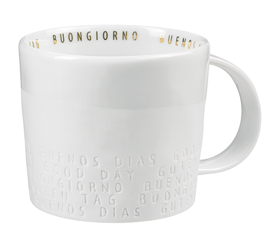 Weiße Tasse mit "Guten Morgen" in verschiedenen Sprachen, Teil des "Guten Appetit" Sets.