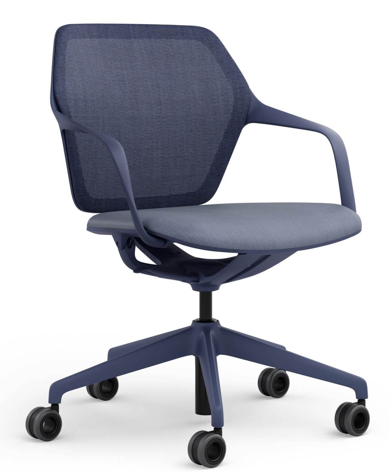 Ray Work Bürodrehstuhl von Brunner in blau mit Armlehnen und Rollen für ergonomisches Sitzen im Büro.