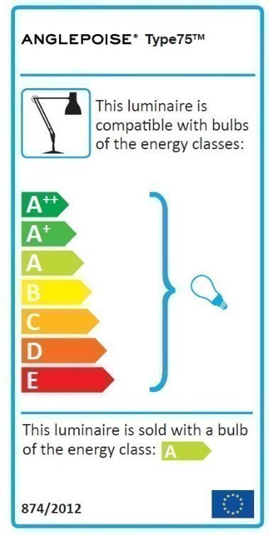 Energieeffizienzlabel für Anglepoise Type 75 Tischleuchte, kompatible Energieklassen A++ bis E, inklusive Leuchtmittel der Klasse A.
