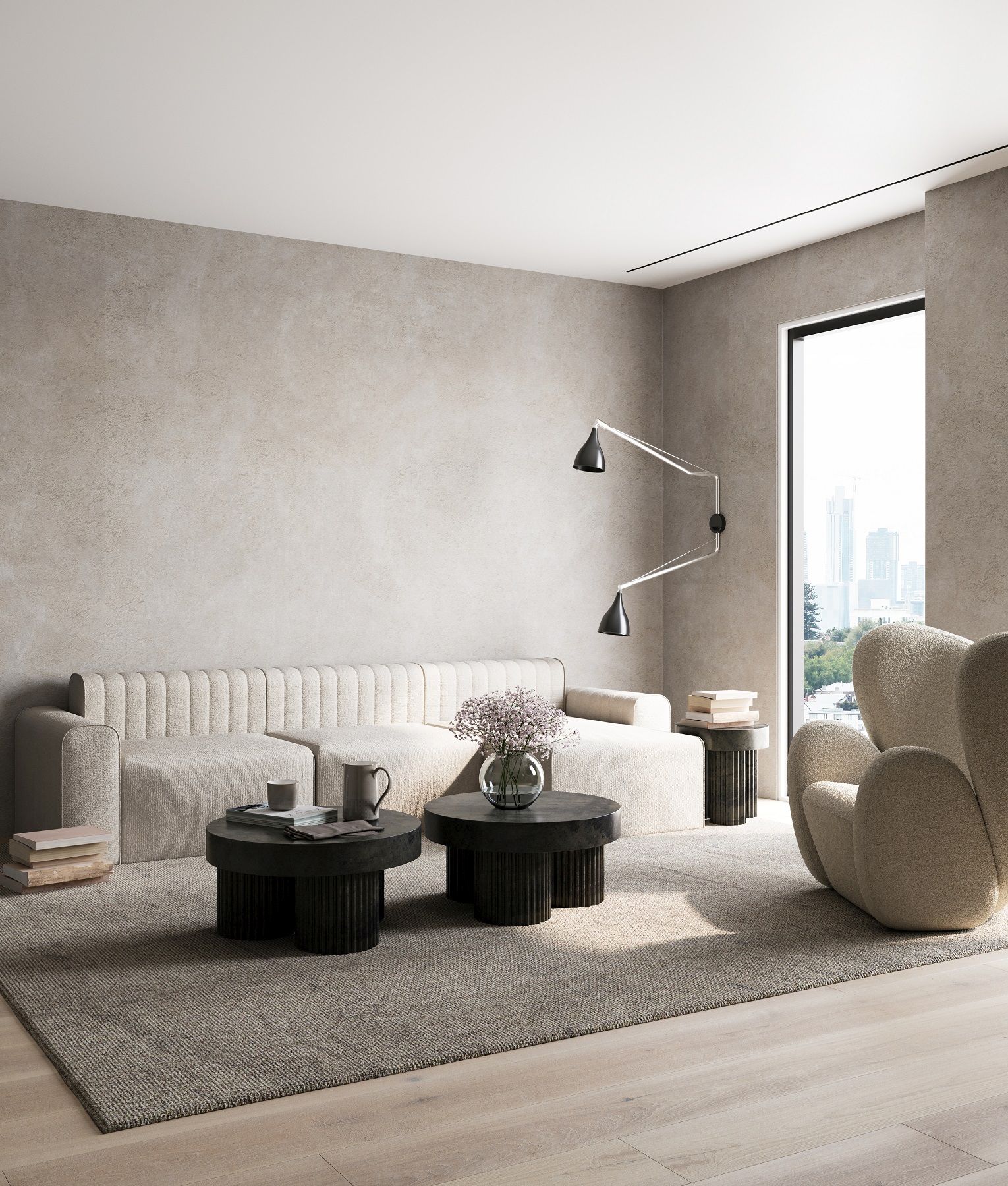 Beige Wohnzimmer-Szene mit NORR11 Big Big Lounge Chair Sessel, Sofa, Couchtischen und Teppich.