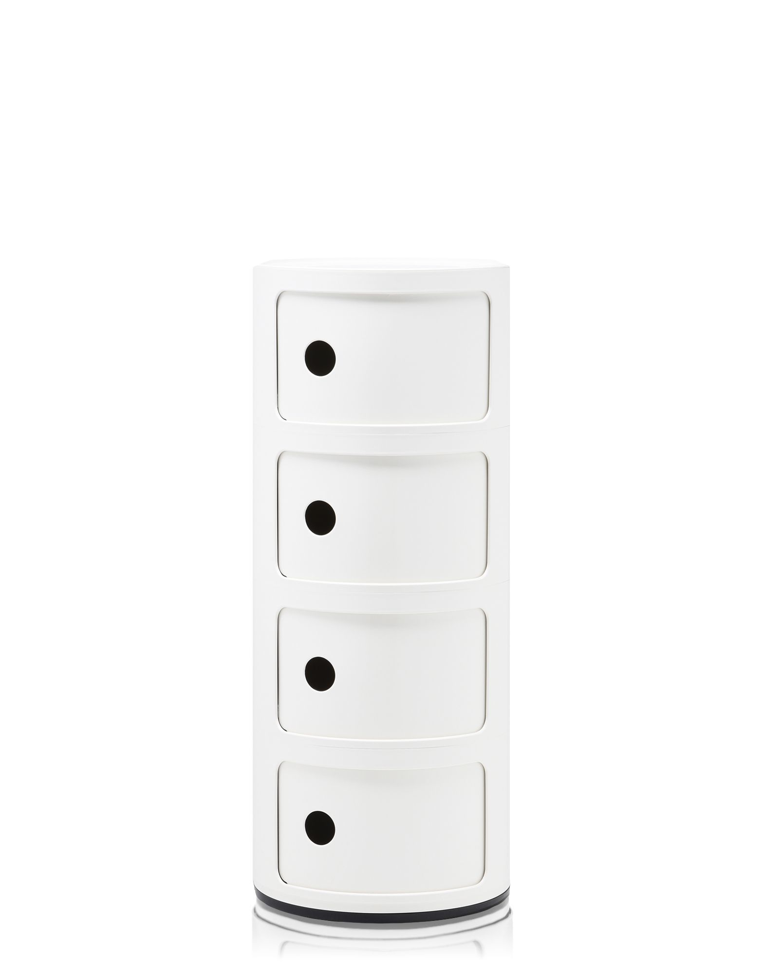 Weißes Componibili 4-er Element von Kartell: Moderner, runder Aufbewahrungsturm mit vier Schubladen und schwarzen Griffen.