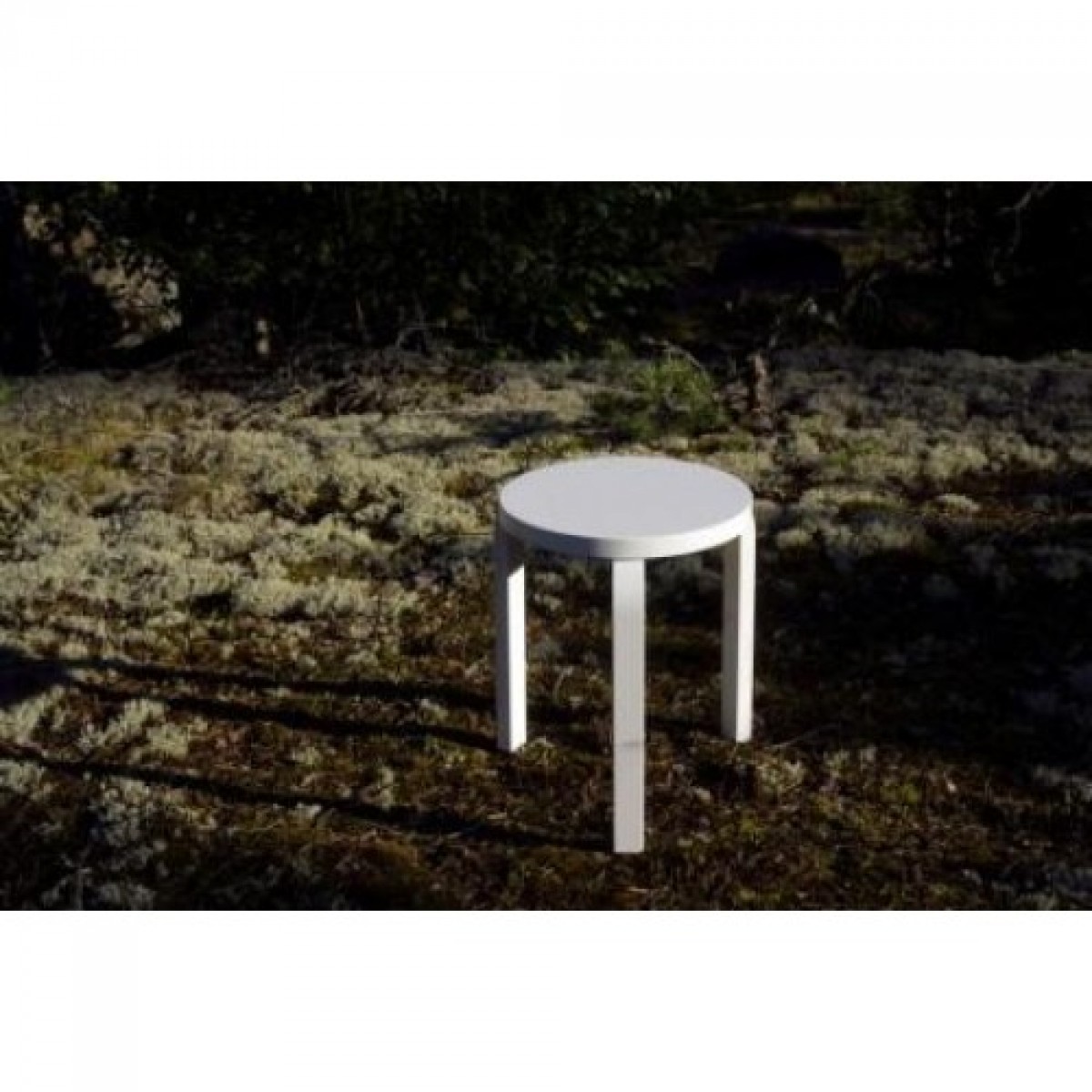 Weißer Artek Hocker 60 mit drei Beinen im Freien auf moosbewachsenem Boden, minimalistisches Design.
