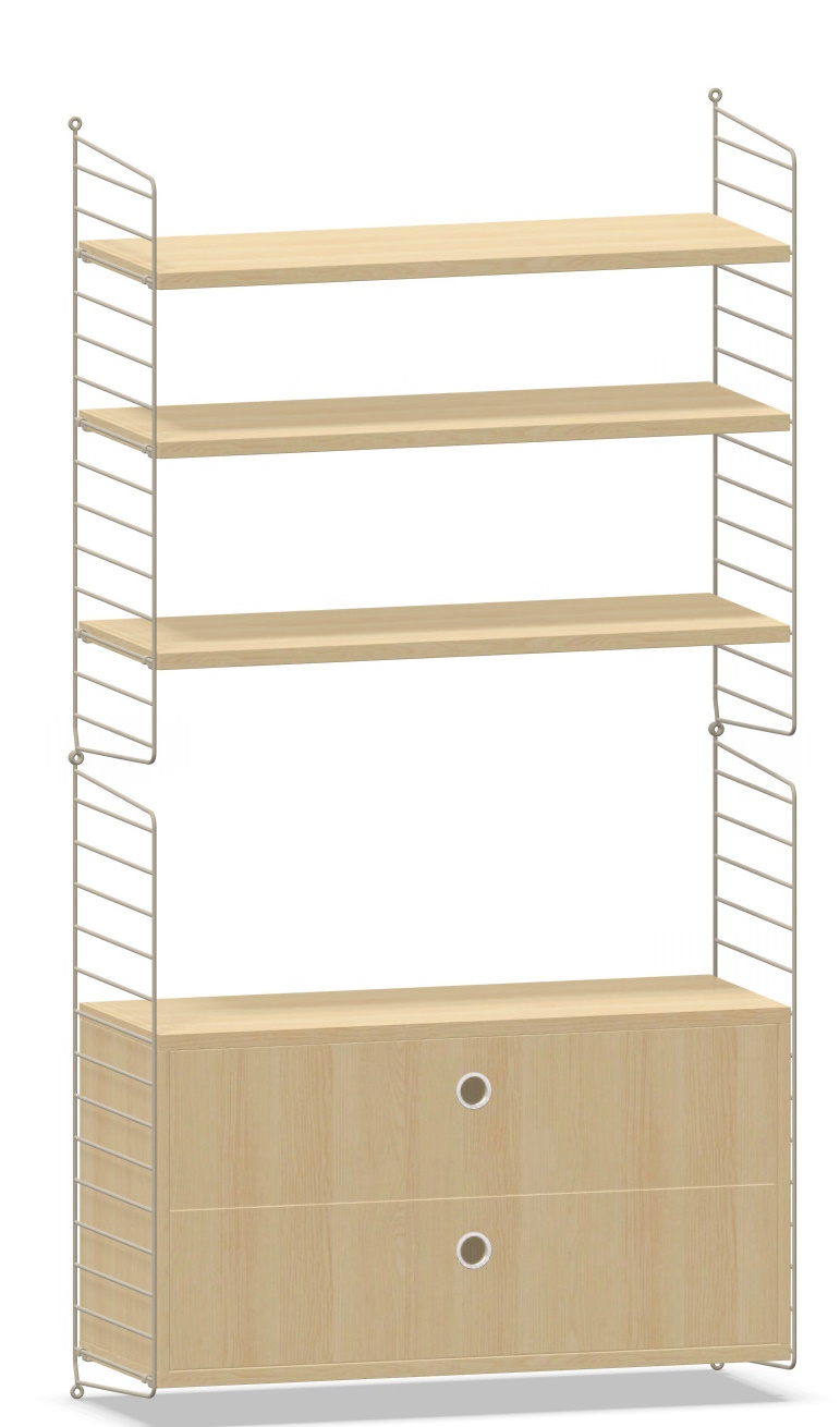Arbeitsplatz KONFIGURATIONEN W3 String Furniture: Regalsystem mit drei Regalböden und Schubladenelement in hellem Holz.