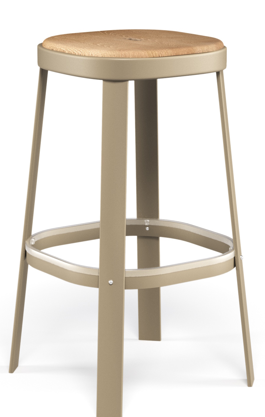 Thor Barstool von Emu, ein moderner Outdoor Barhocker aus Metall mit Sitzfläche aus Holz.