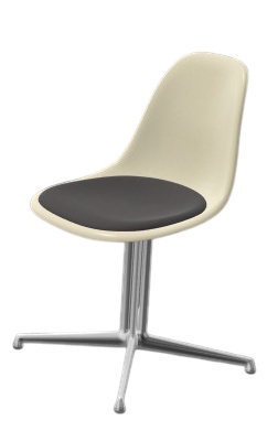 Eames Fiberglass Side Chair DSL von Vitra mit grauem Sitzpolster und verchromtem Untergestell.