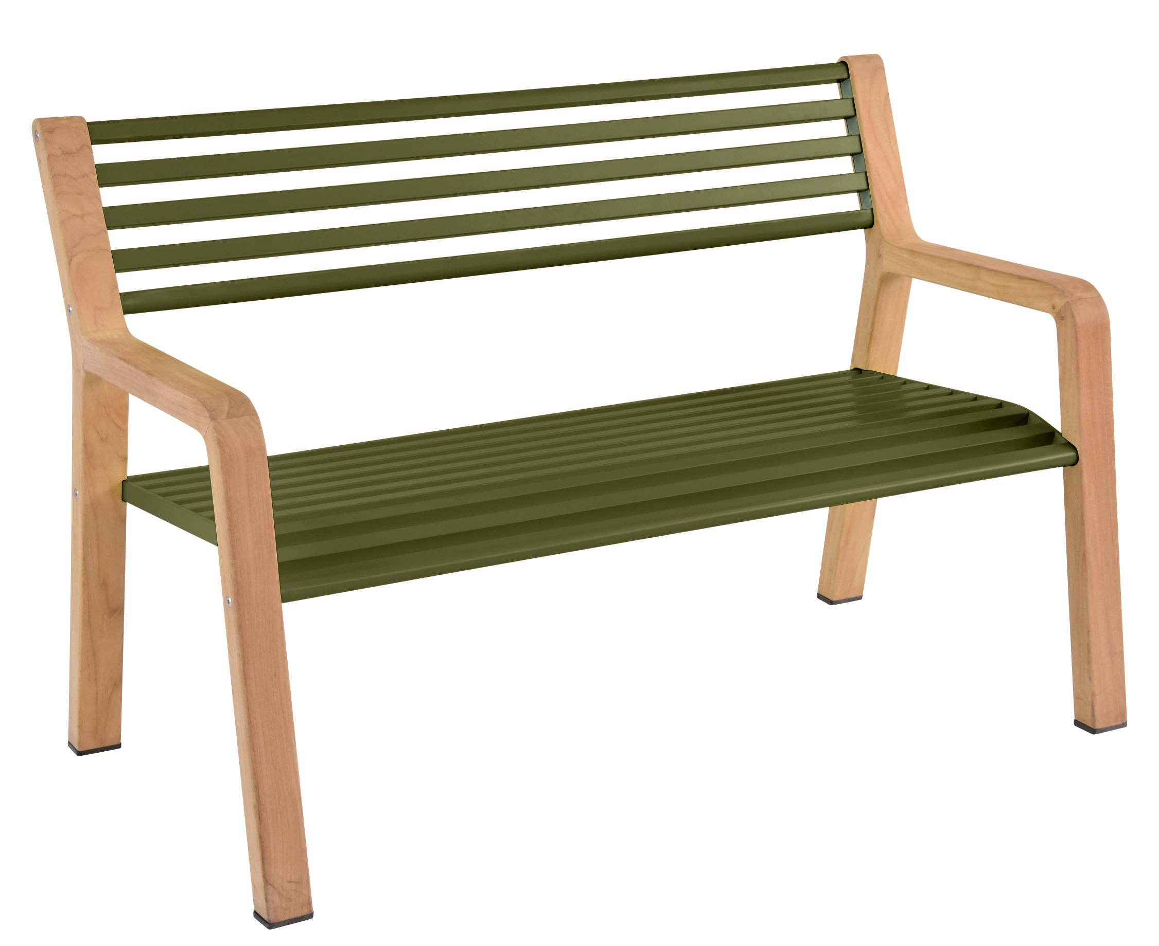 Somerset Bank Outdoor Fermob: Moderne Gartenbank aus Holz und grünem Metall für den Außenbereich.