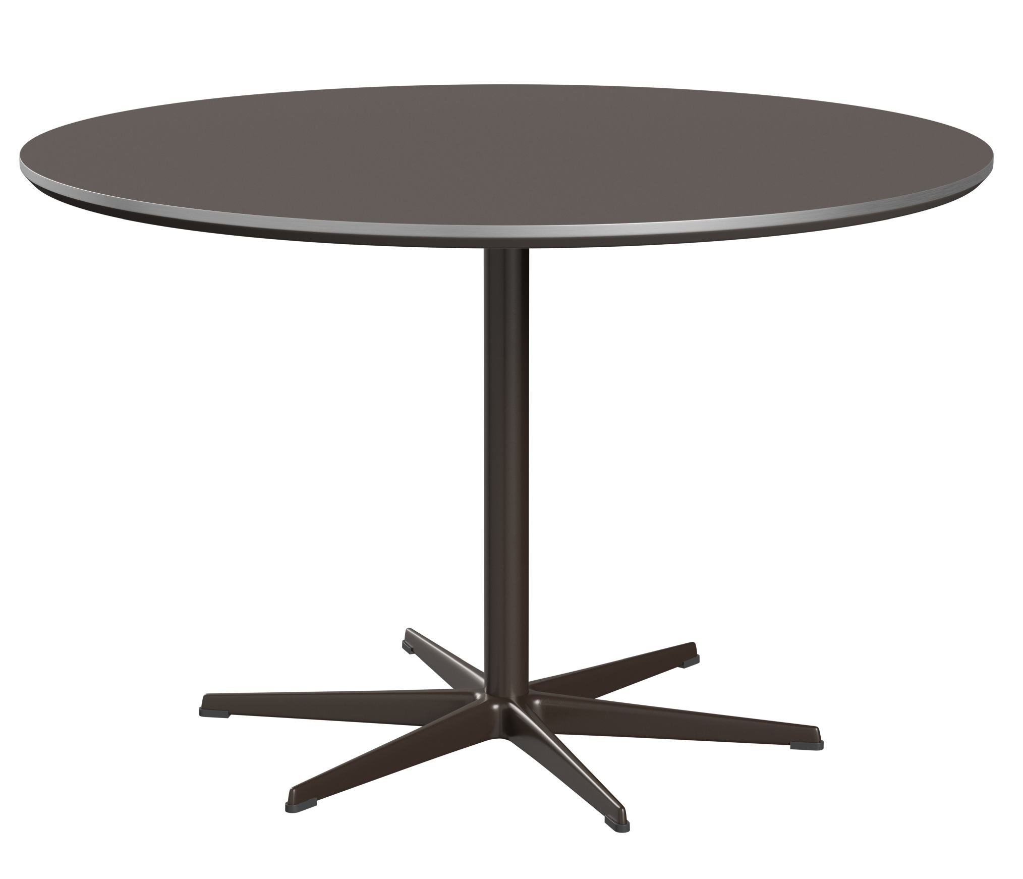 Runder Zirkular Tisch von Fritz Hansen in Braun mit zentralem Fußkreuz.
