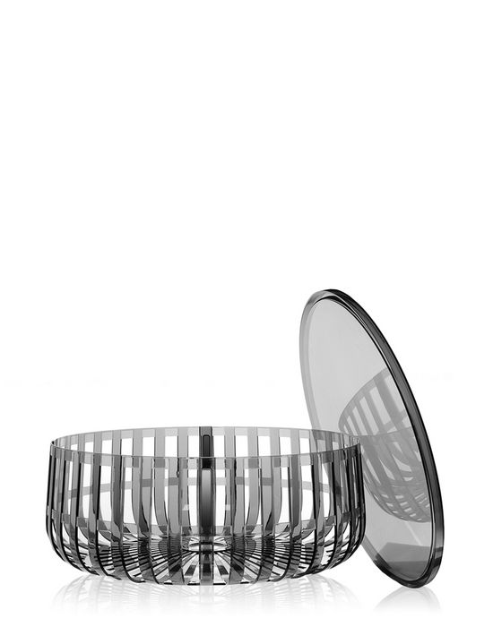 Grauer Kartell Panier Korb/Container mit abgenommenem Deckel, modernes Design für Aufbewahrung und Dekoration.