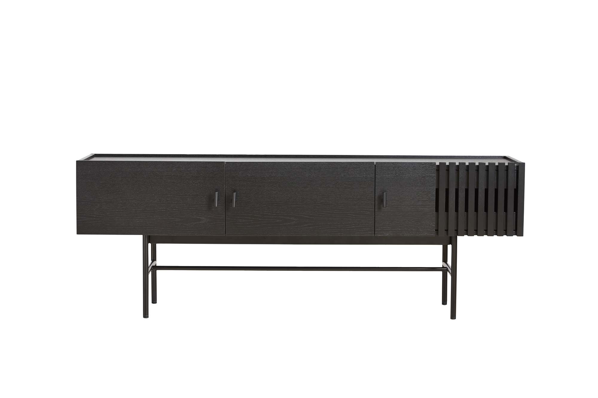 Dunkles Array Sideboard von Woud (150cm) mit drei Türen und filigranem Metallgestell.