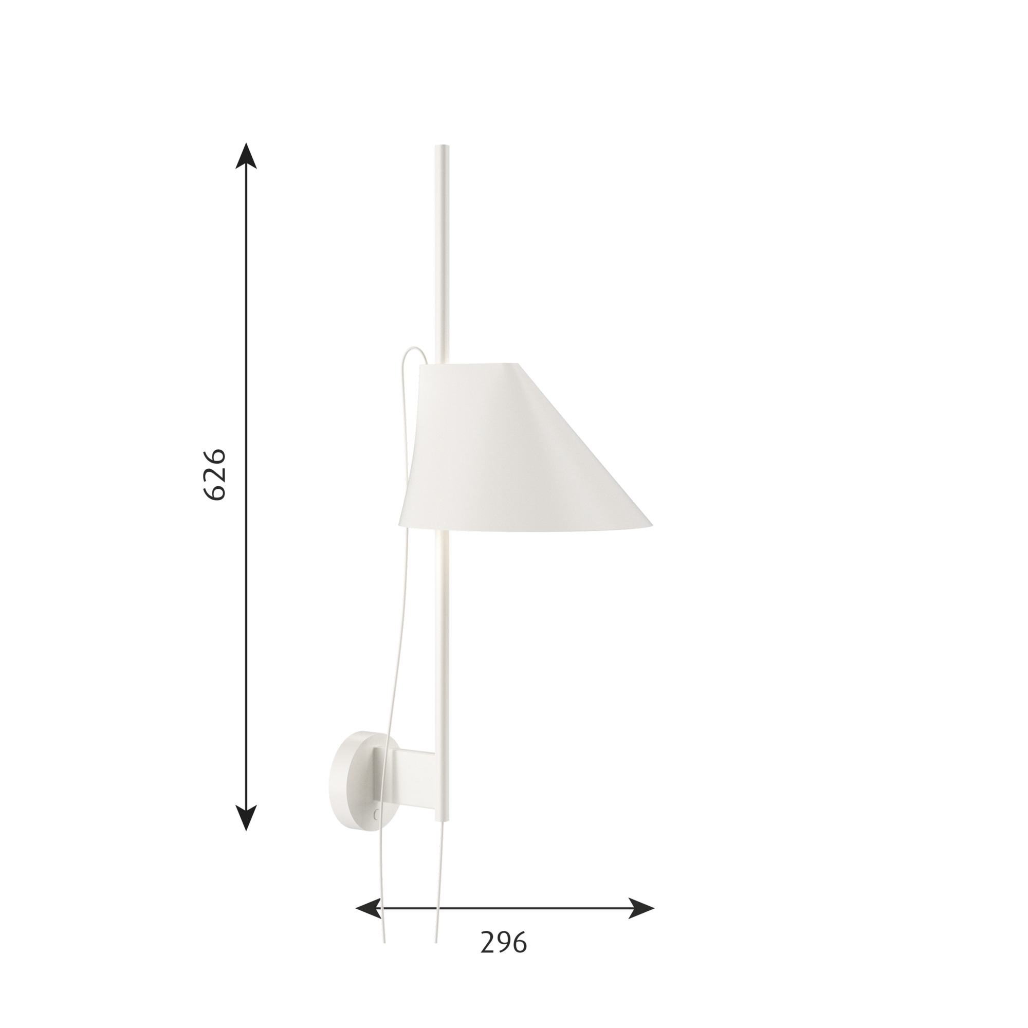Weiße Yuh LED Wandleuchte von Louis Poulsen mit Maßen, modernes Design für Schlafzimmer und Wohnzimmer.