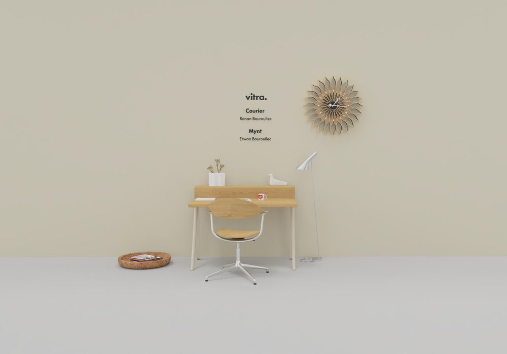 Vitra Mynt Bürodrehstuhl aus Schichtholz mit weißem Gestell und passendem Schreibtisch in minimalistischem Büro.
