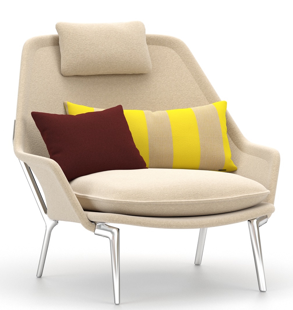 Vitra Slow Chair Sessel mit Stoffbezug in Beige und Kissen in Gelb und Rot.