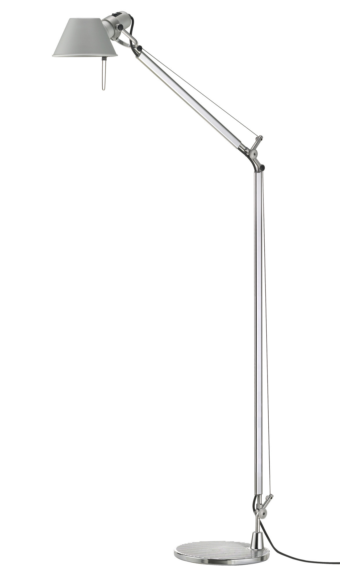 Artemide Tolomeo Reading Stehleuchte mit Basculante Schirm aus Stoff und verstellbarem, silberfarbenem Leuchtenarm.