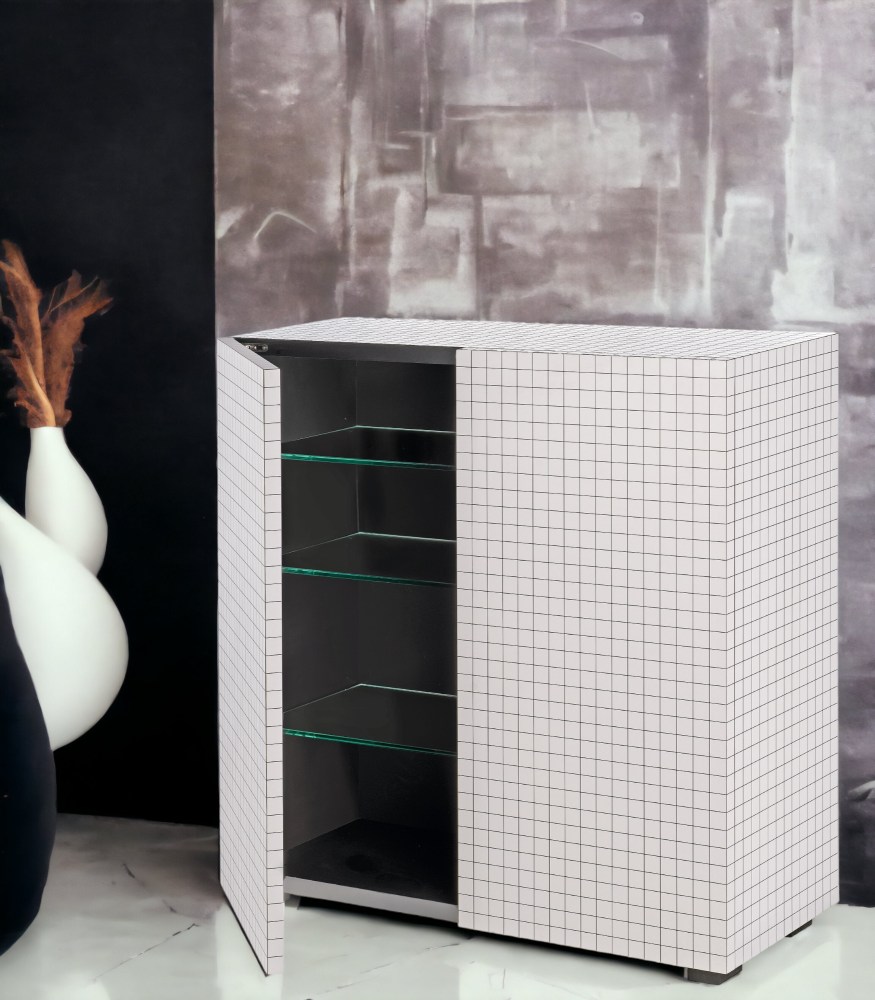 Zanotta Quaderna Schrank mit offener Tür und Glasböden, modernes Designmöbel für Wohnzimmer und Büro.