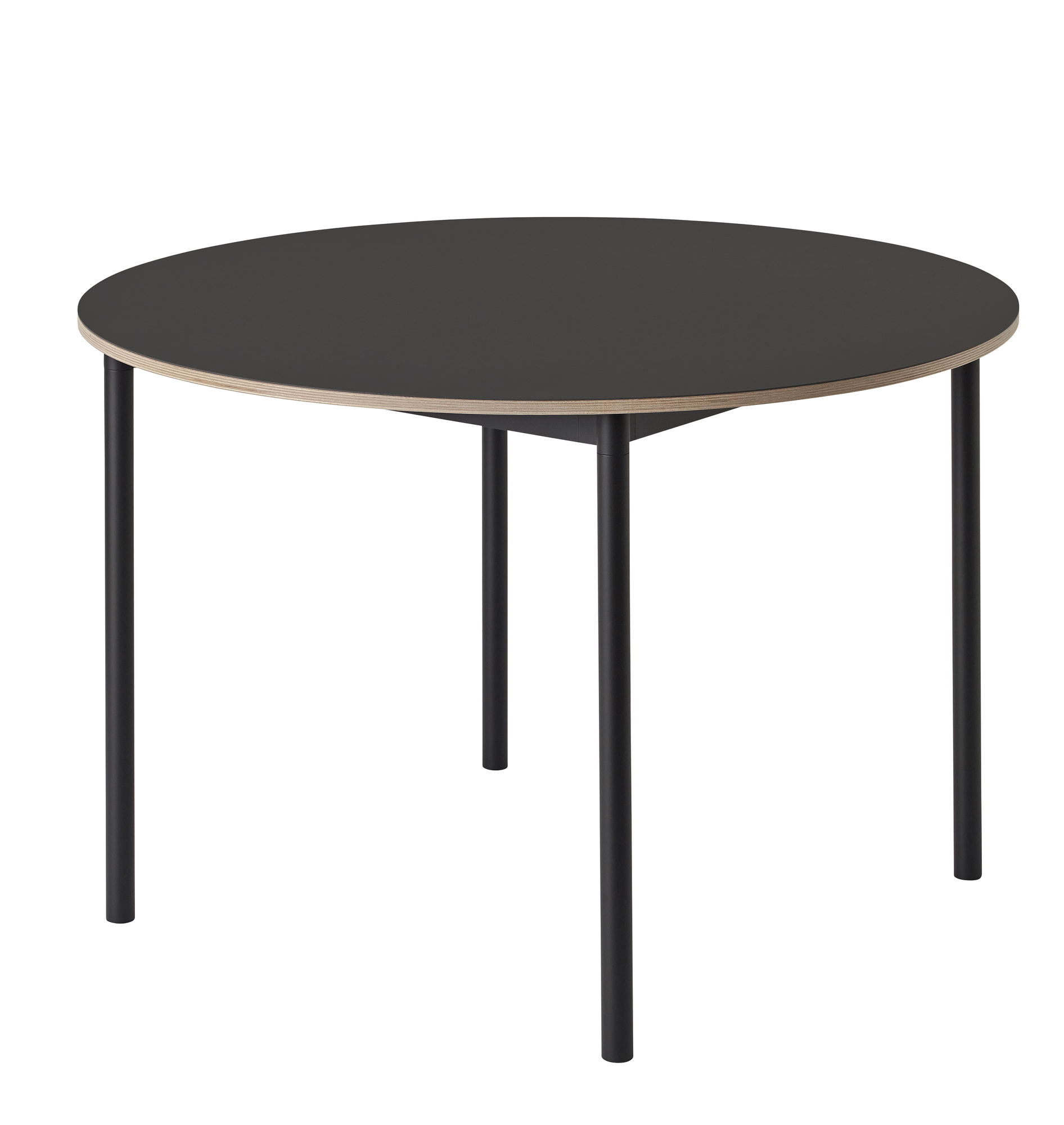 Schwarzer, runder Base Table Tisch von Muuto mit minimalistischem Design und schwarzen Metallbeinen.