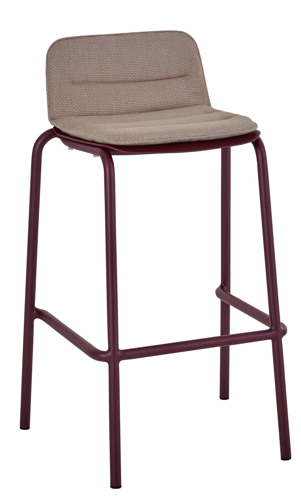 Vapio Barstool Barhocker von Weishäupl für den Außenbereich, Gestell in Weinrot, Sitzfläche und Rückenlehne beige.