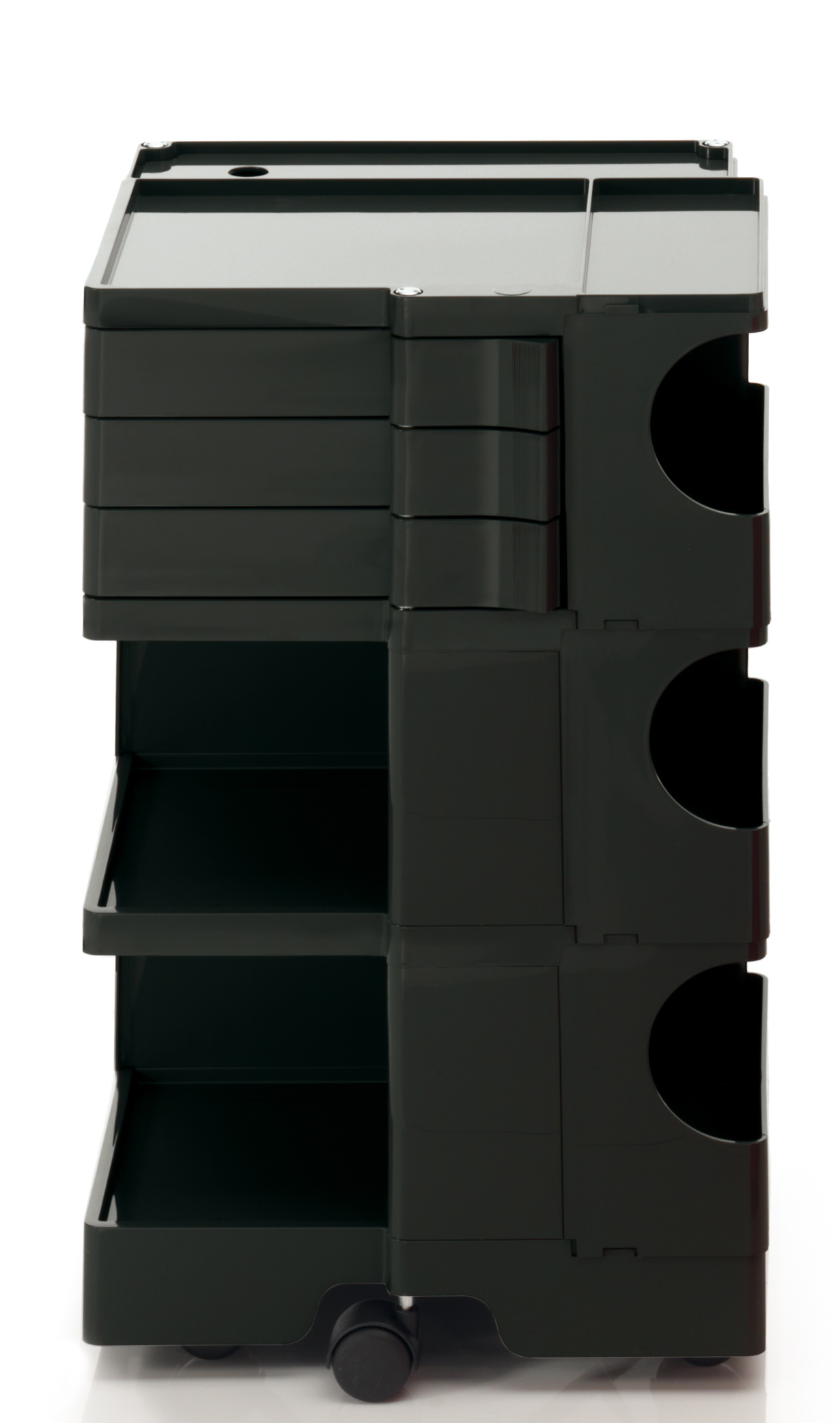 Schwarzer Boby Rollcontainer mit Schubladen, Ablagefächern und Rollen für Büro und Arbeitszimmer.