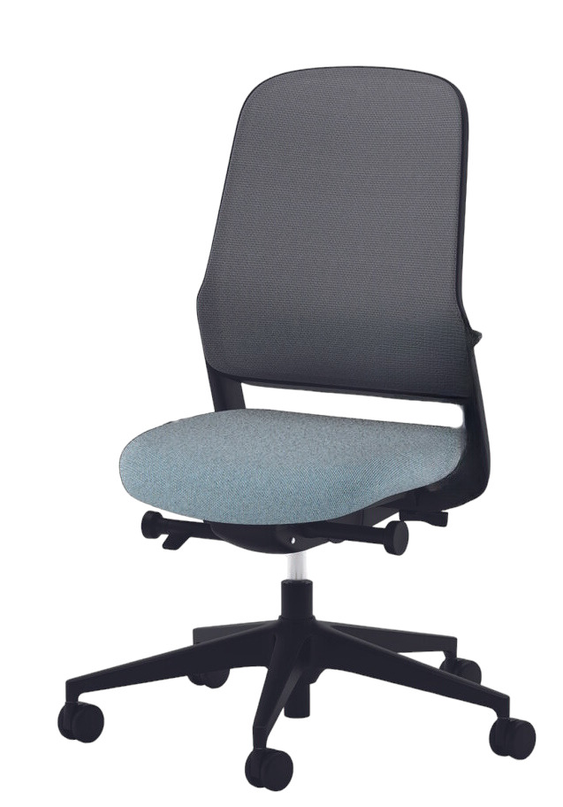 Wilkhahn Drehstuhl 164/7 ME mit grauem Netzrücken und blauem Sitzpolster, ergonomischer Bürostuhl für gesundes Sitzen.