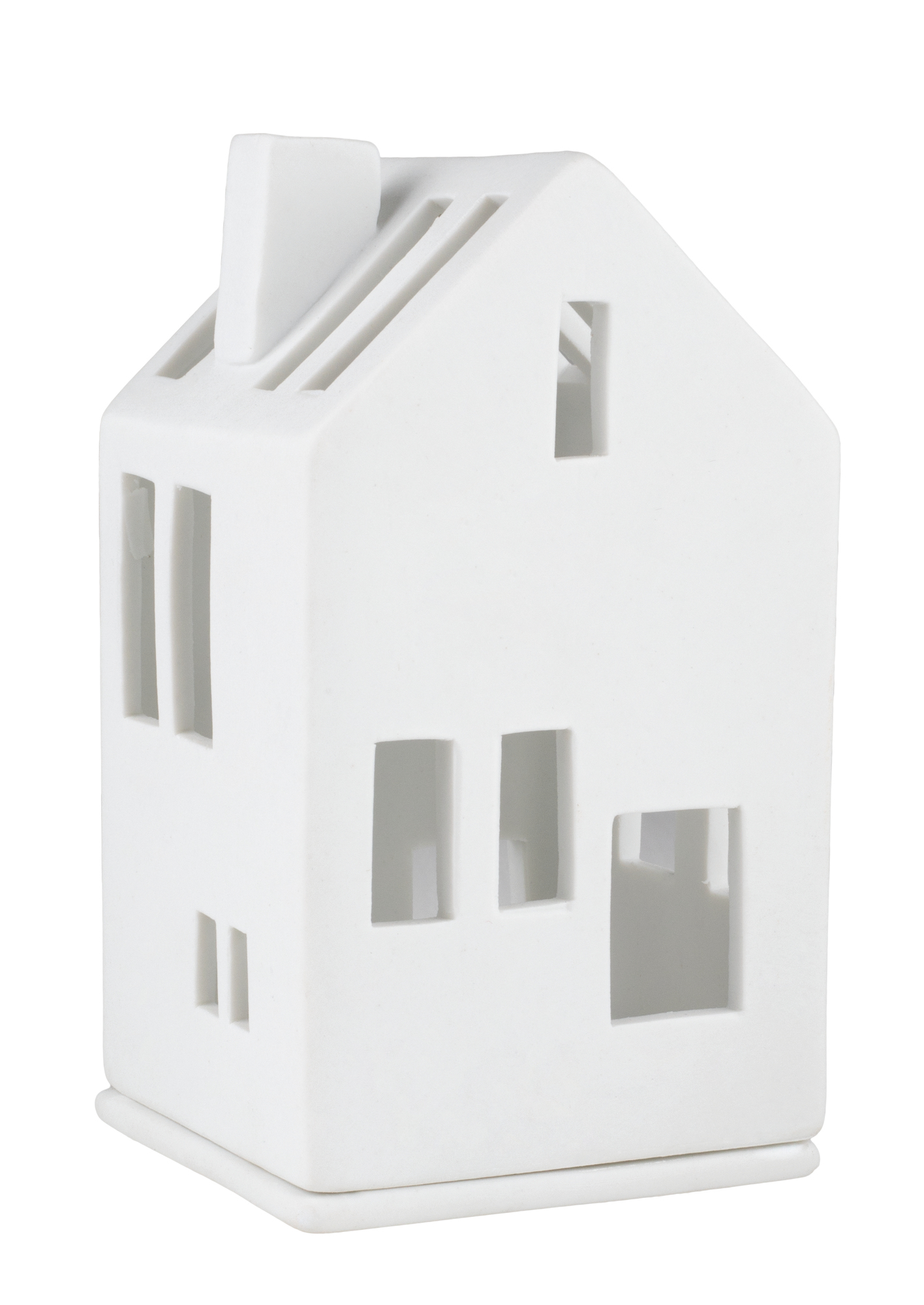 Weißes Living Mini Lichthaus Wohnhaus aus Keramik mit Fenstern und Schornstein.