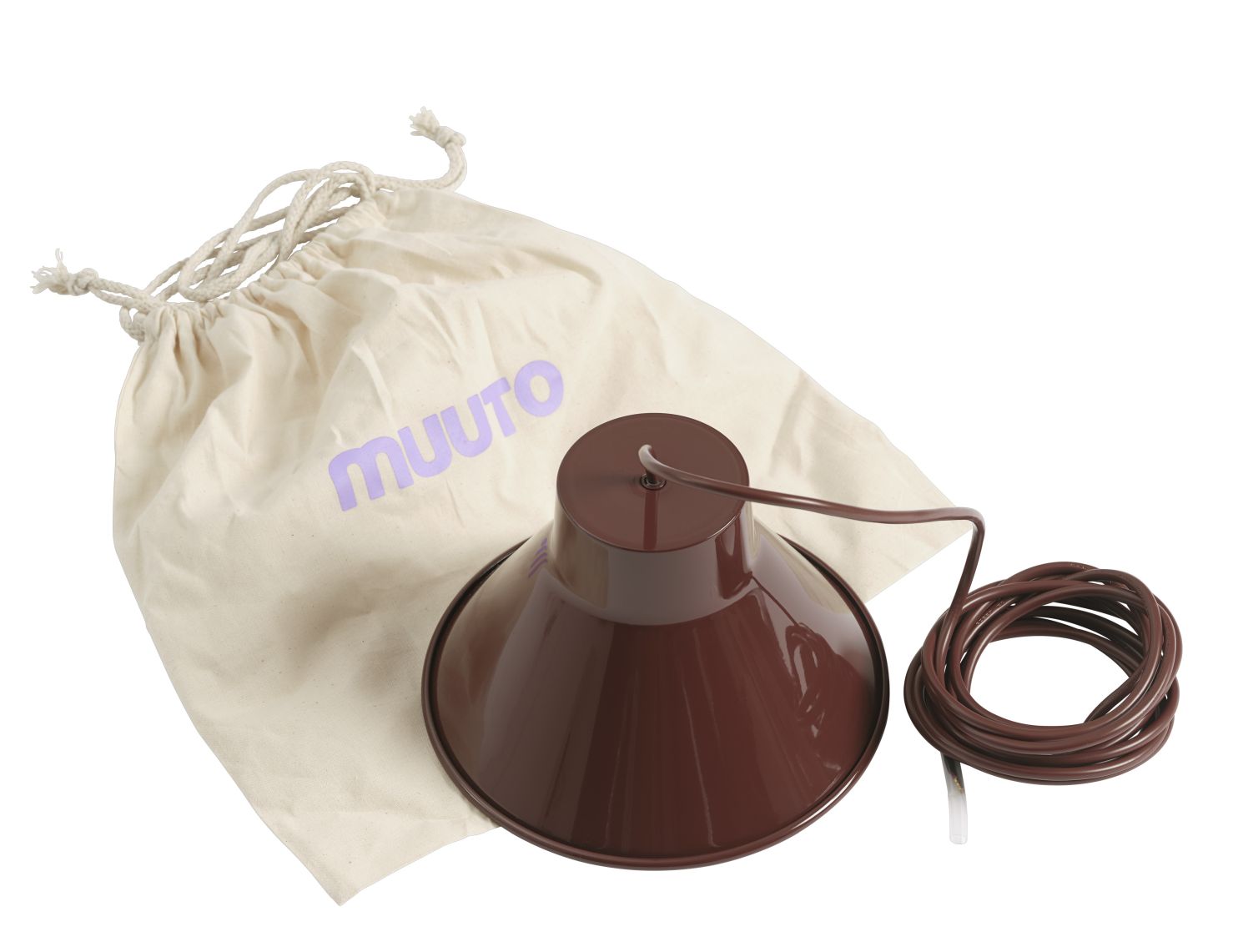Muuto Top Pendant Pendelleuchte in Grau, 36 cm, mit Stoffbeutel und braunem Kabel.