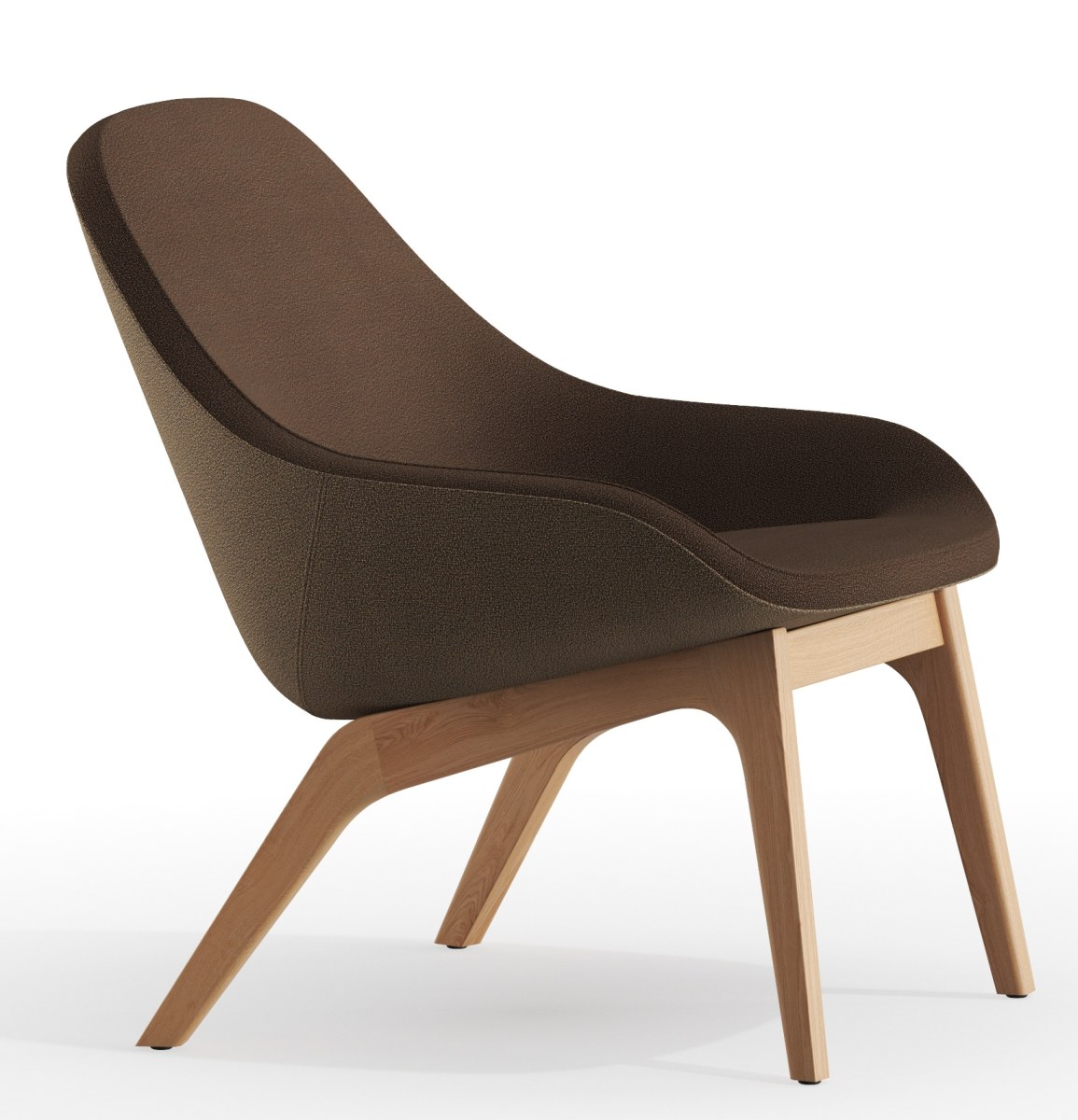 Morph Lounge Chair Sessel von Zeitraum mit braunem Stoffbezug und hellem Holzgestell, seitliche Ansicht.